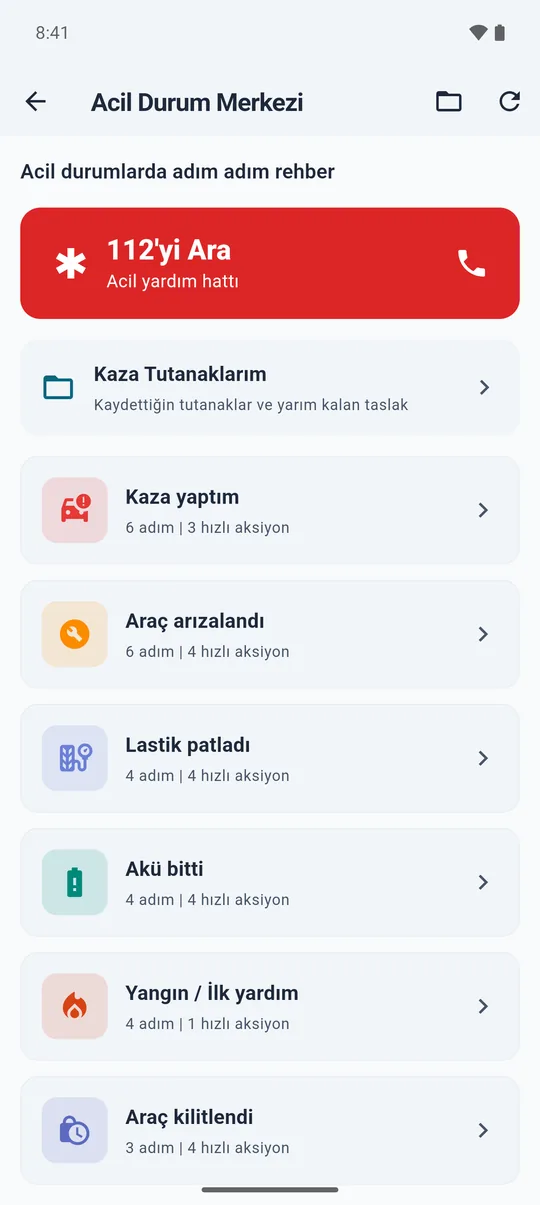 Acil Durum Merkezi: 112'yi ara düğmesi, kaza tutanakları, kaza, arıza, lastik ve akü rehberleri