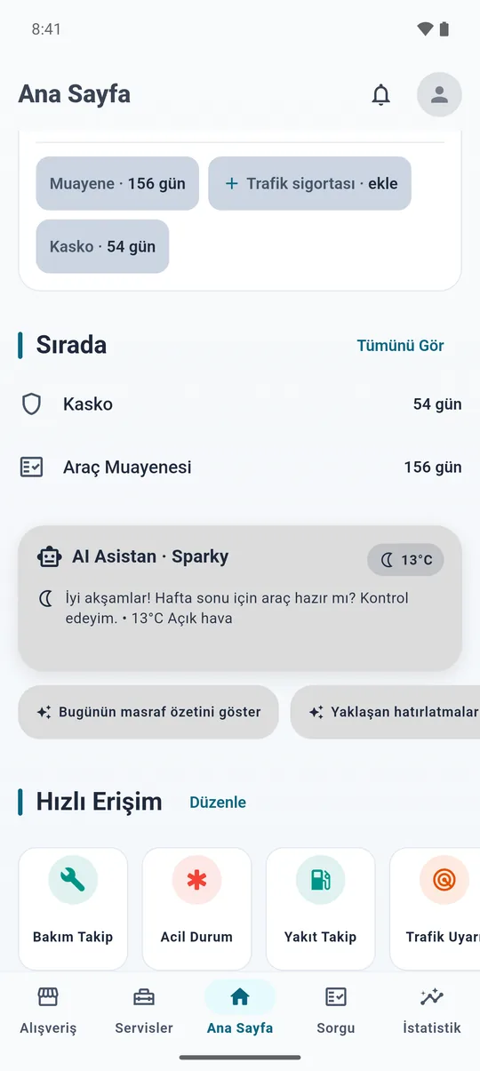 CarAsista ana sayfası: asistan kartı, hava durumu ve Hızlı Erişim kısayolları