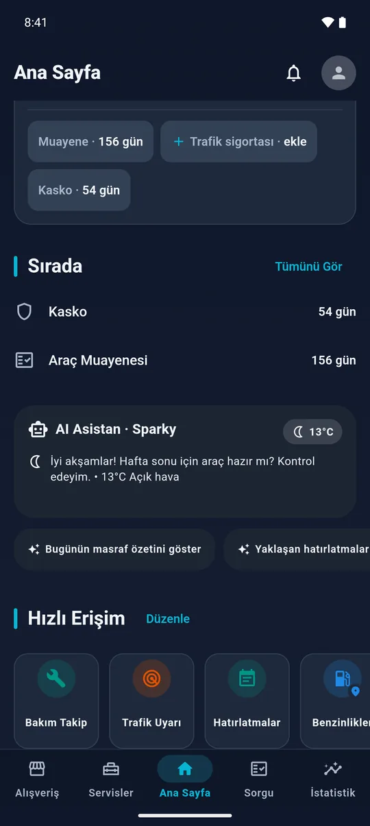 CarAsista ana sayfası: asistan kartı, hava durumu ve Hızlı Erişim kısayolları