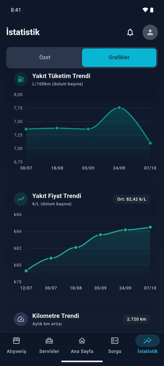 İstatistik grafikleri: yakıt tüketim trendi ve yakıt fiyat trendi